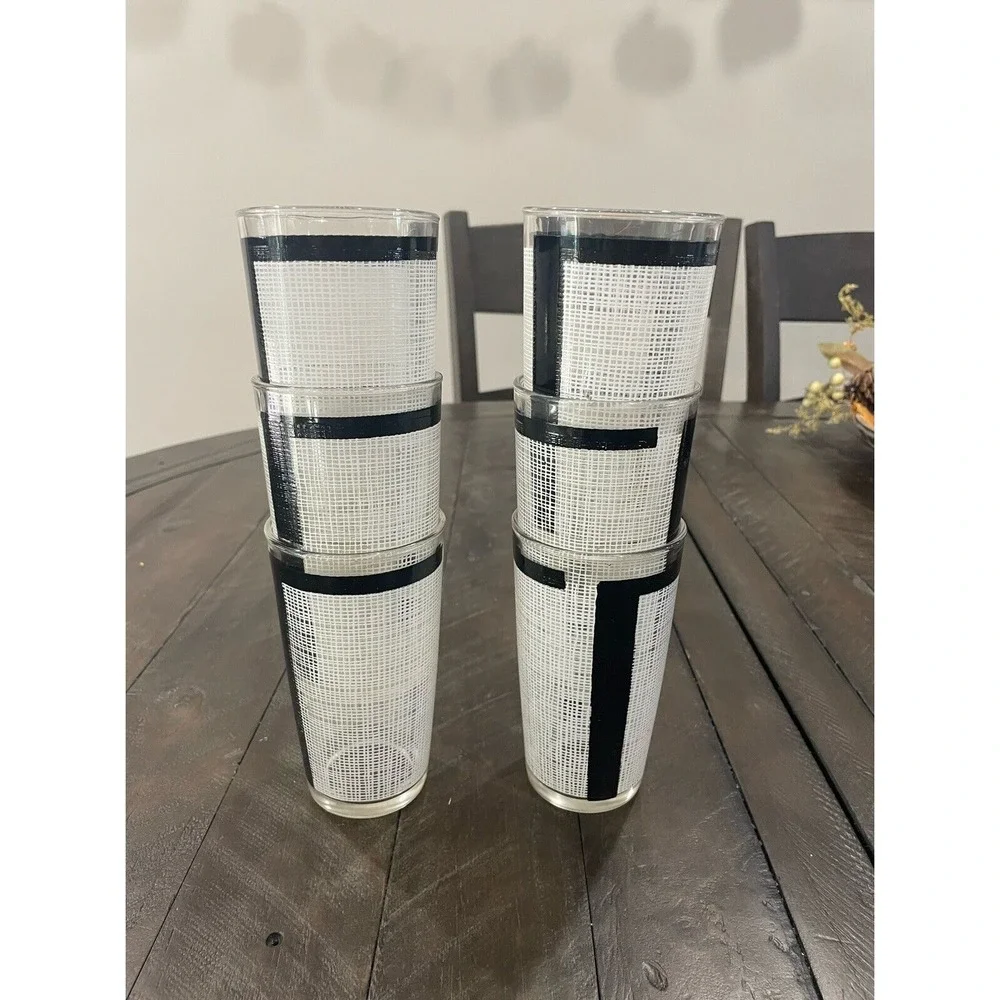 Vintage WHITE BURLAP 6 GLASSES‎ BLACK BORDER~11oz~BEVERAGE~TUMBLER Barware